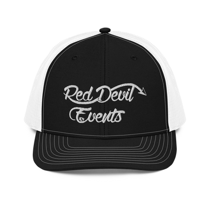 Red Devil Events snapback trucker cap in Black/White, front view