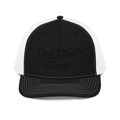 Red Devil Events snapback trucker cap in Black/White, front view