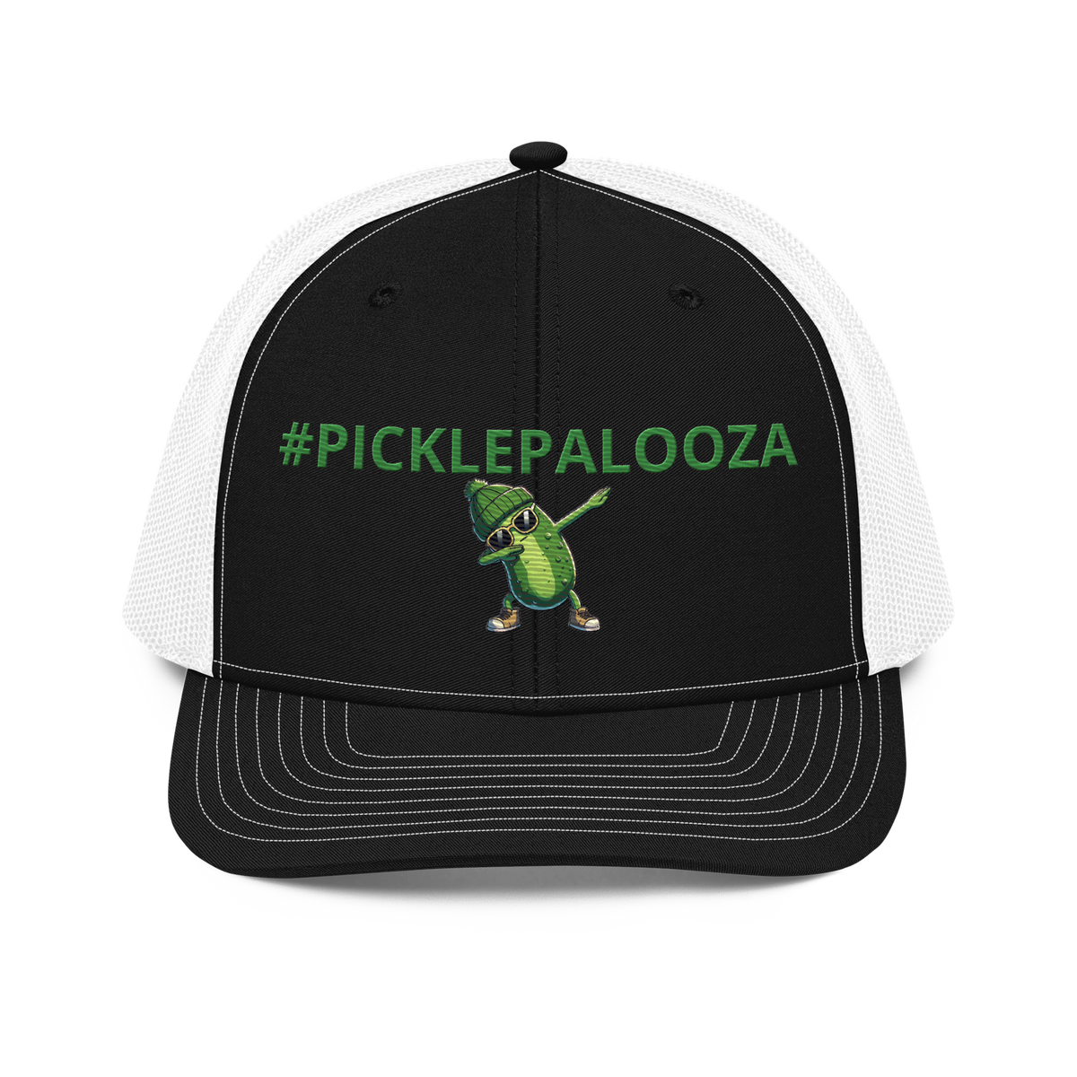 Dabbing Pickle snapback trucker cap in Black/White, front view