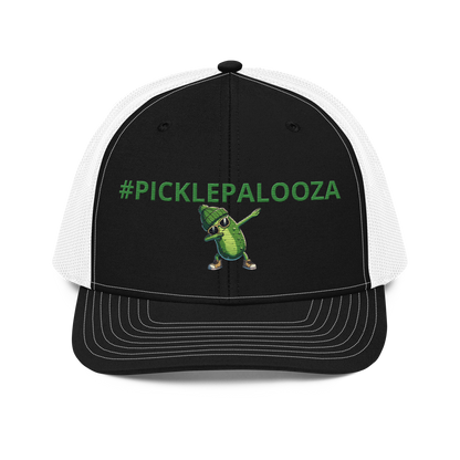 Dabbing Pickle snapback trucker cap in Black/White, front view