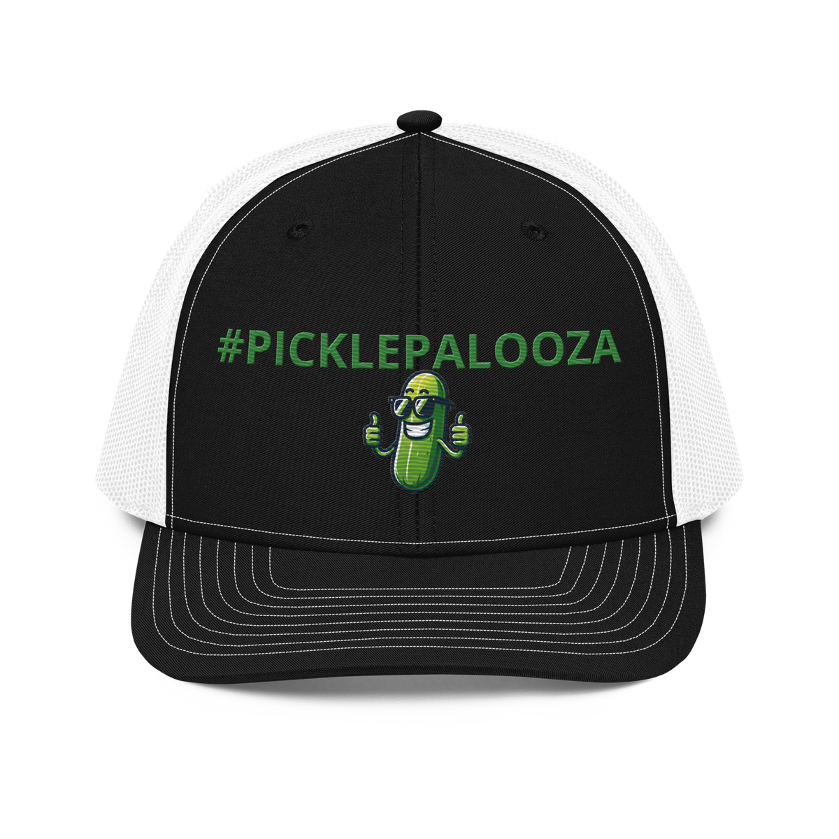 Pickle Palooza snapback trucker cap in Black/White, front view