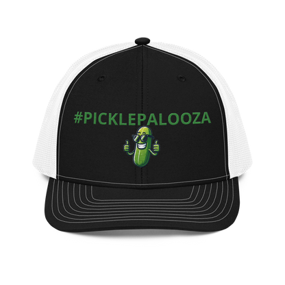 Pickle Palooza snapback trucker cap in Black/White, front view