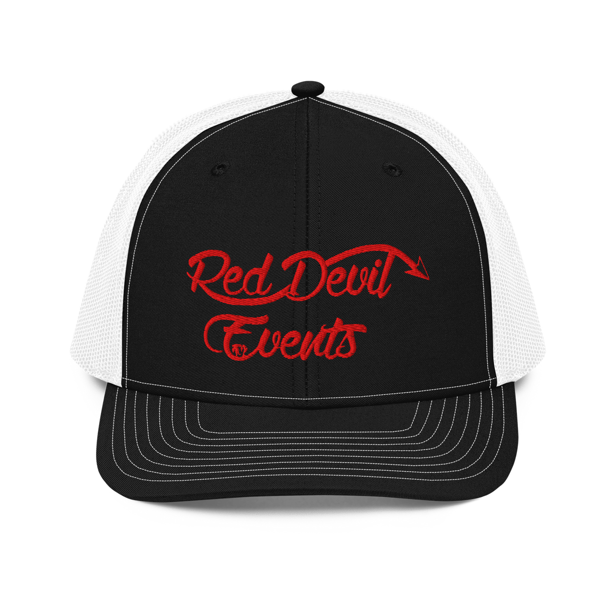 Red Devil Events snapback trucker cap in Black/White, front view