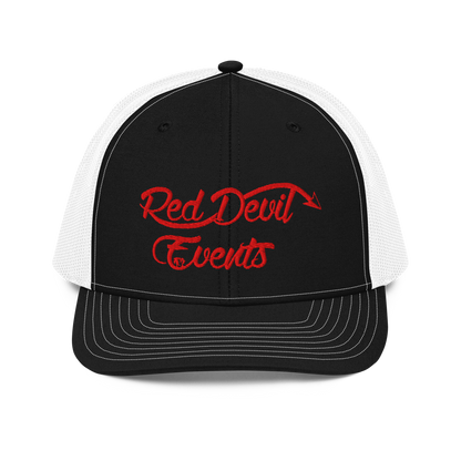Red Devil Events snapback trucker cap in Black/White, front view