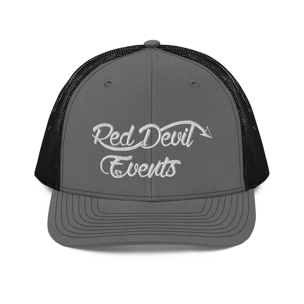 Red Devil Events snapback trucker cap in Charcoal/Black, front view