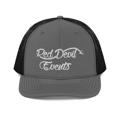 Red Devil Events snapback trucker cap in Charcoal/Black, front view