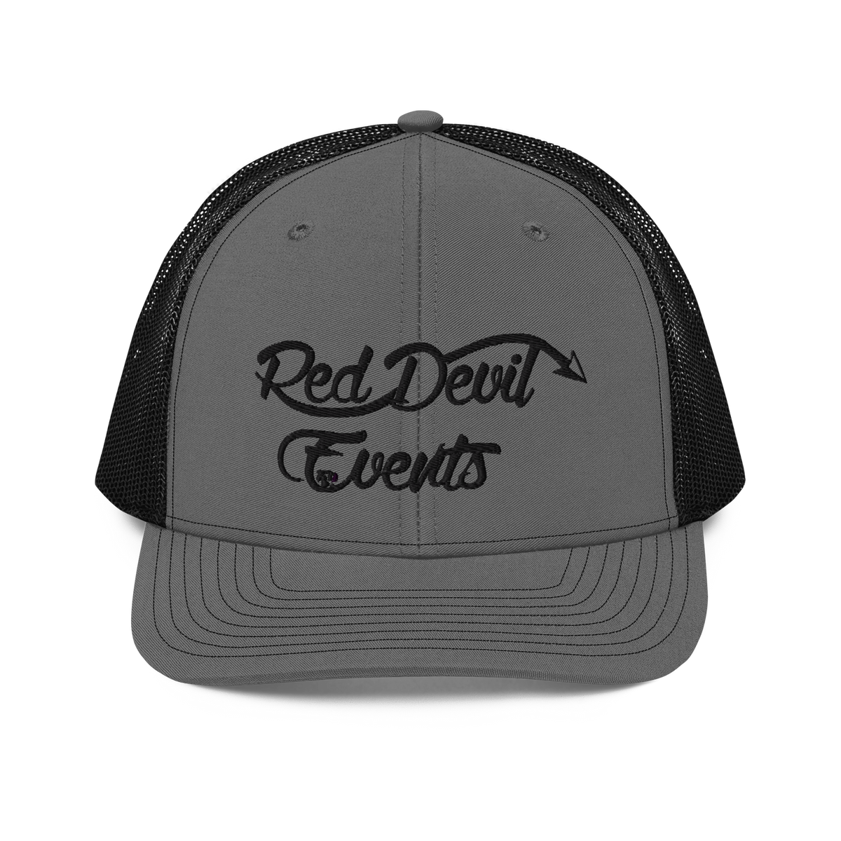 Red Devil Events snapback trucker cap in Charcoal/Black, front view