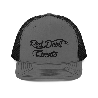 Red Devil Events snapback trucker cap in Charcoal/Black, front view