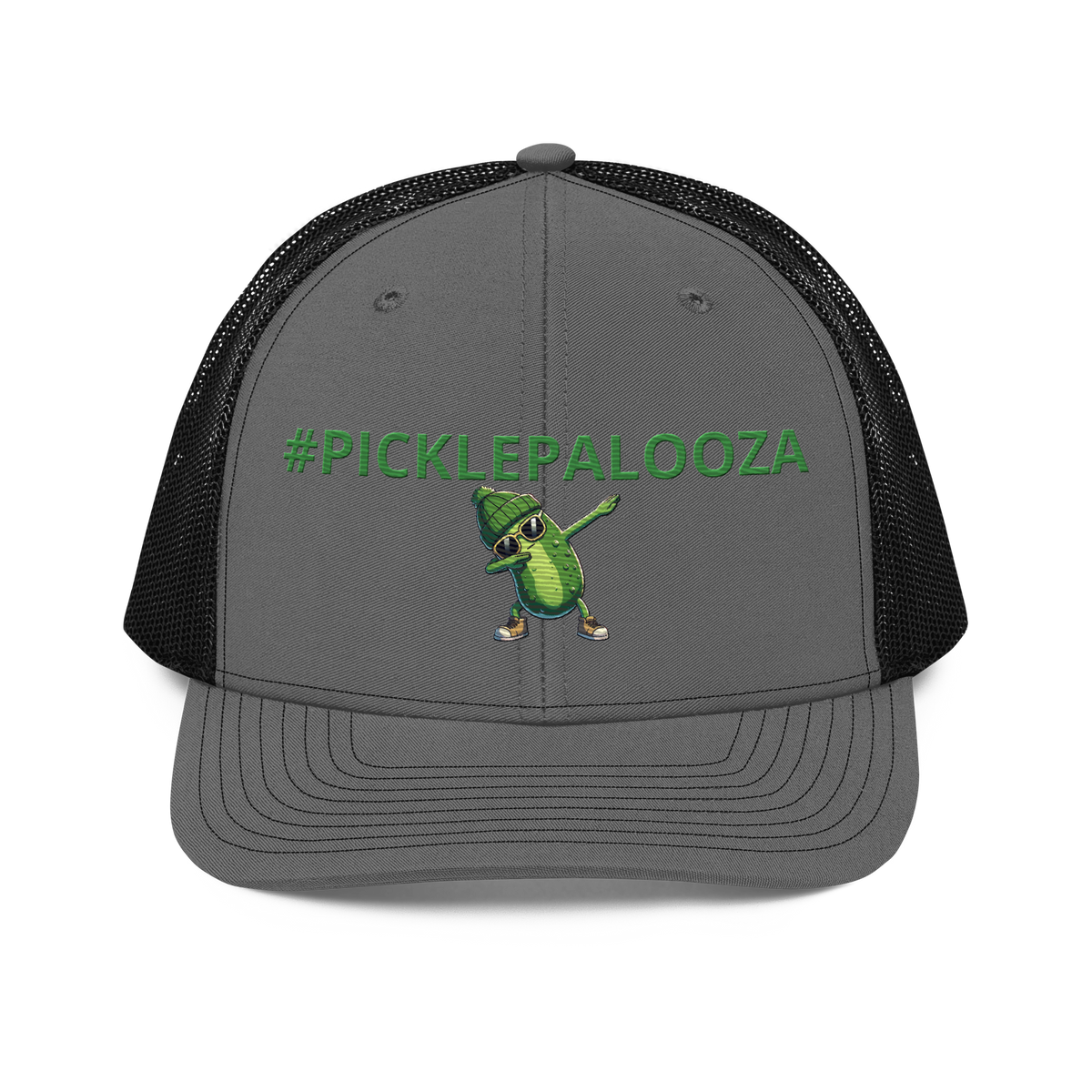 Dabbing Pickle snapback trucker cap in Charcoal/Black, front view