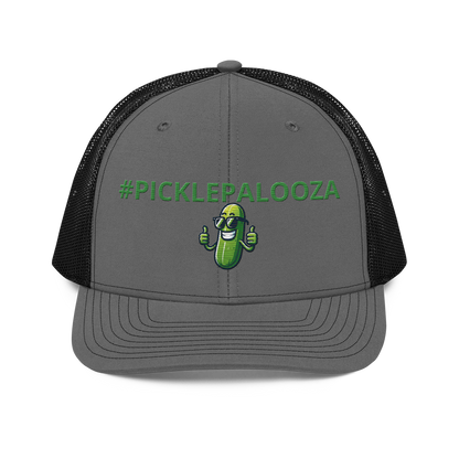 Pickle Palooza snapback trucker cap in Charcoal/Black, front view