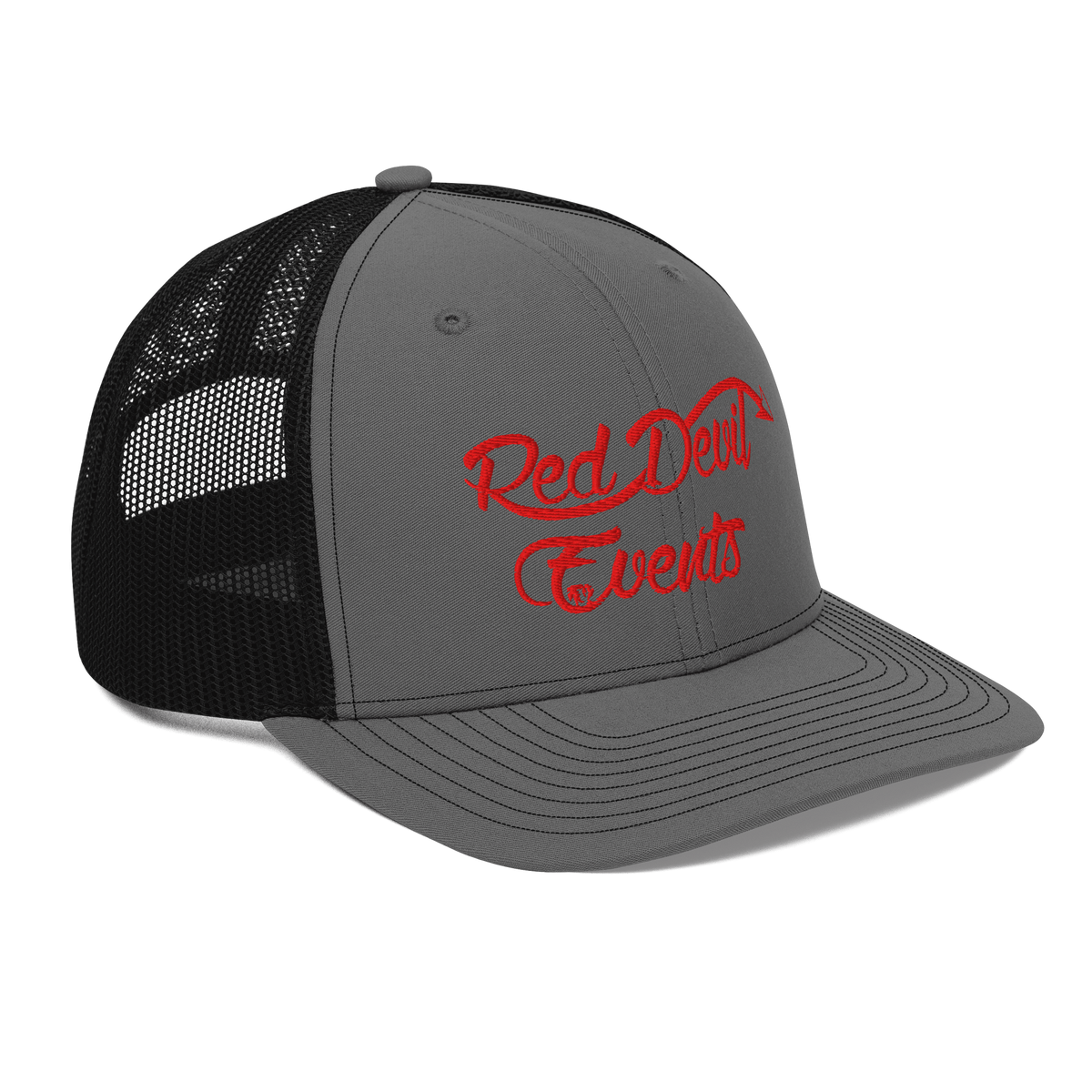 Red Devil Events snapback trucker cap in Charcoal/Black, angled front view