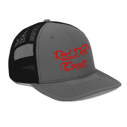 Red Devil Events snapback trucker cap in Charcoal/Black, angled front view