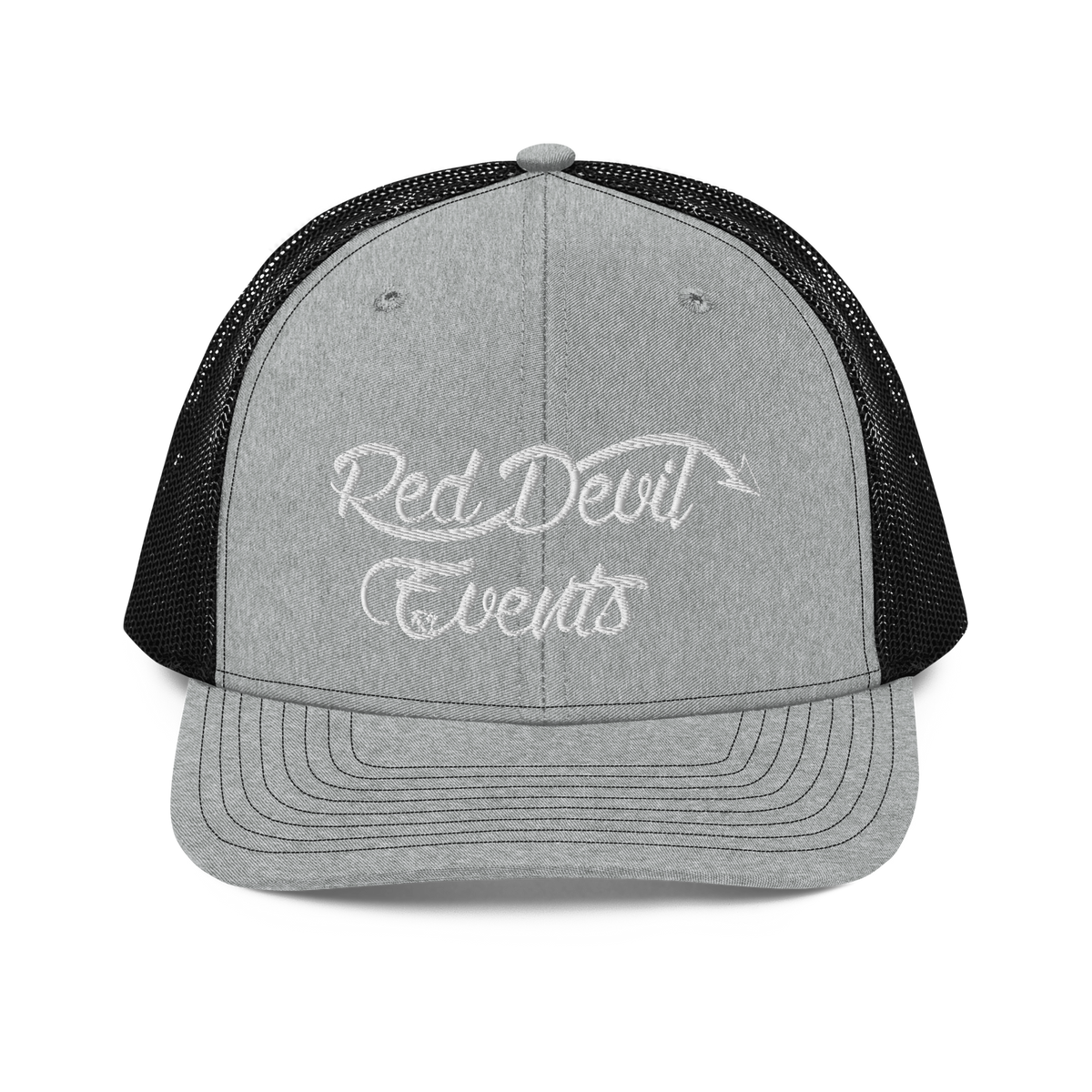 Red Devil Events snapback trucker cap in Heather Grey/Black, front view