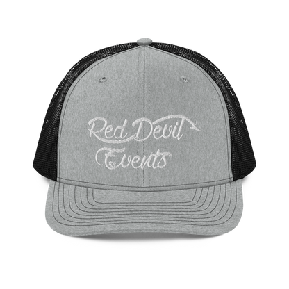 Red Devil Events snapback trucker cap in Heather Grey/Black, front view