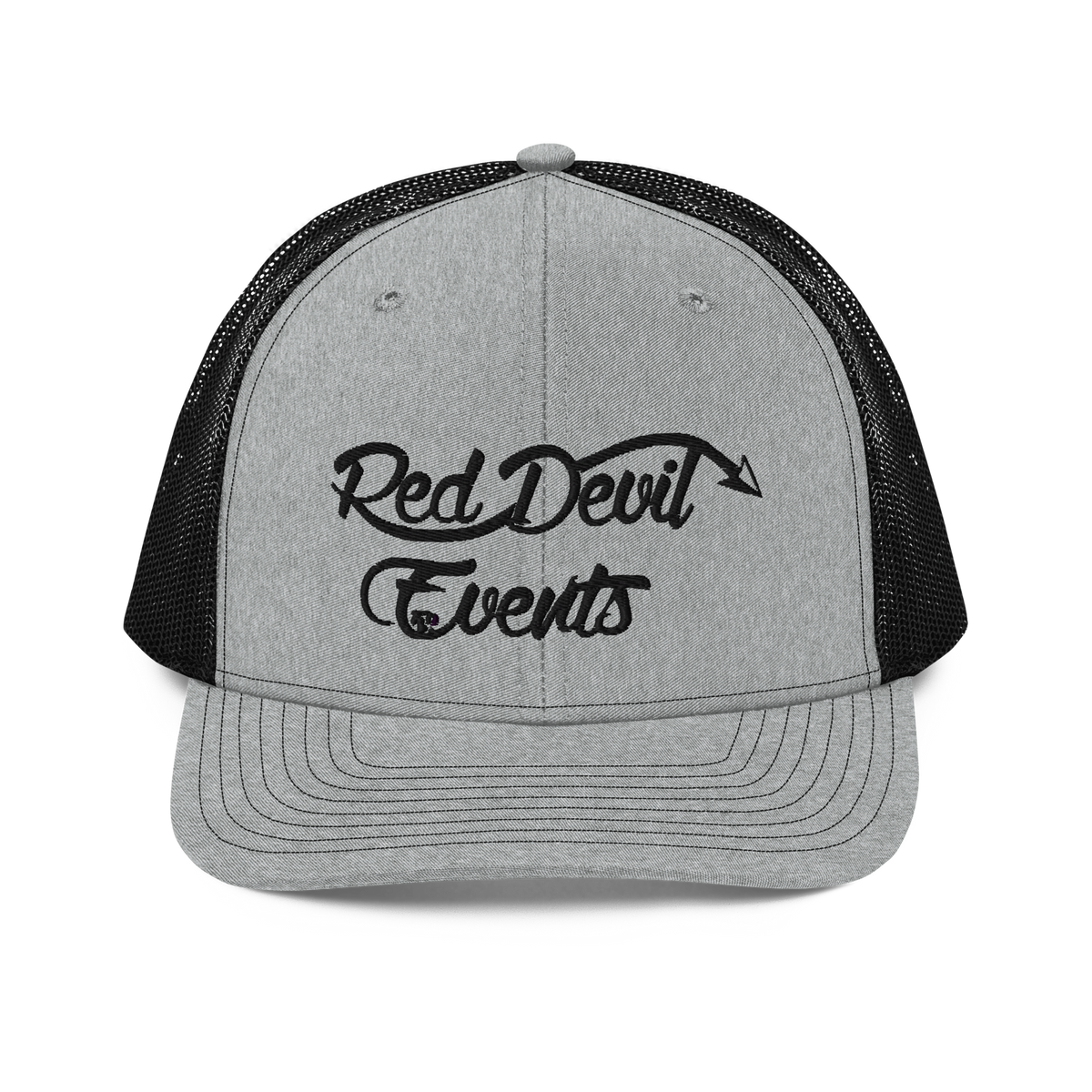 Red Devil Events snapback trucker cap in Heather Grey/Black, front view