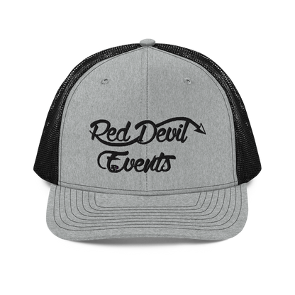 Red Devil Events snapback trucker cap in Heather Grey/Black, front view