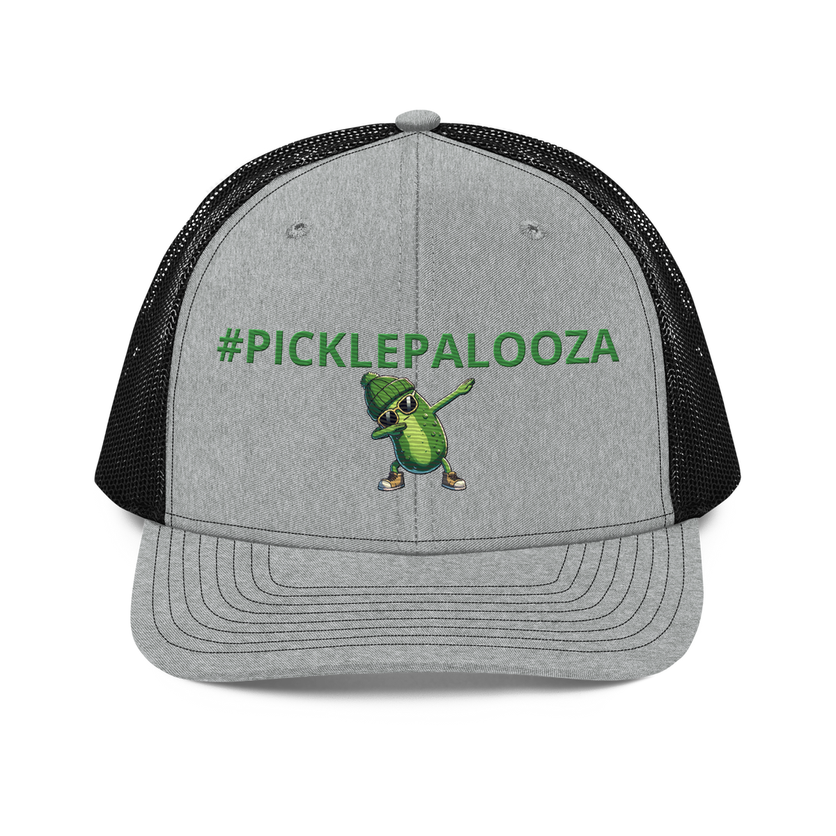 Dabbing Pickle snapback trucker cap in Heather Grey/Black, front view