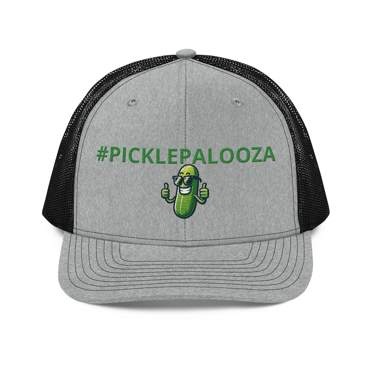 Pickle Palooza snapback trucker cap in Heather Grey/Black, front view