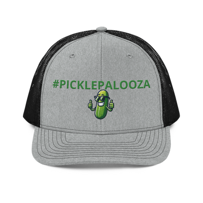 Pickle Palooza snapback trucker cap in Heather Grey/Black, front view