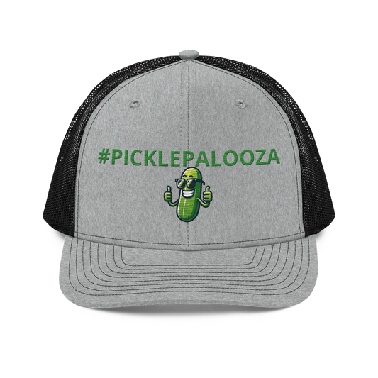 Pickle Palooza snapback trucker cap in Heather Grey/Black, front view