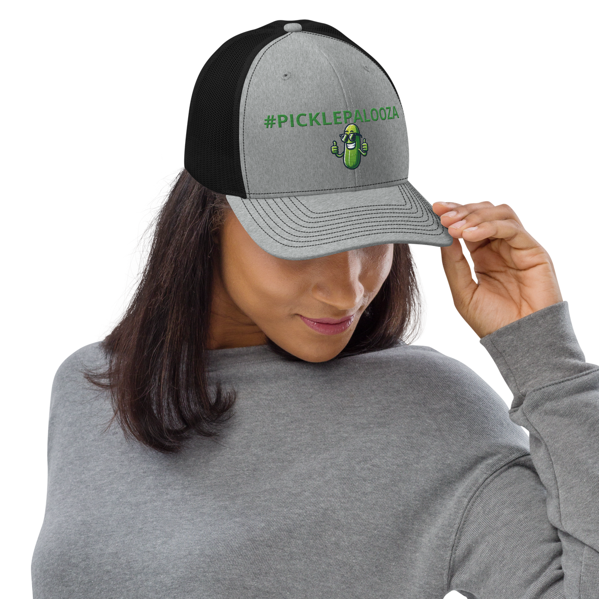 Pickle Palooza snapback trucker cap in Heather Grey/Black, front view