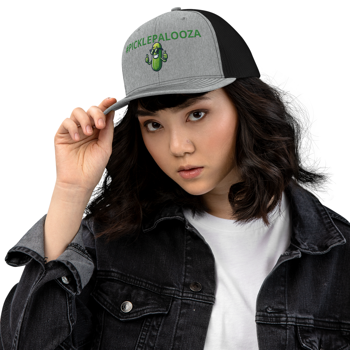 Pickle Palooza snapback trucker cap in Heather Grey/Black, front view