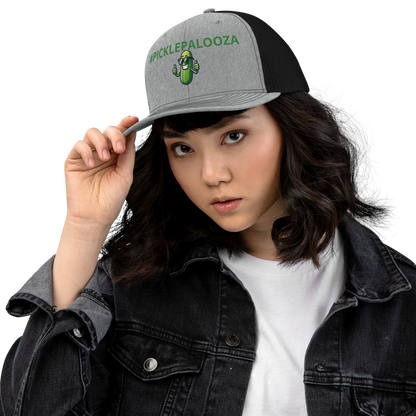 Pickle Palooza snapback trucker cap in Heather Grey/Black, front view