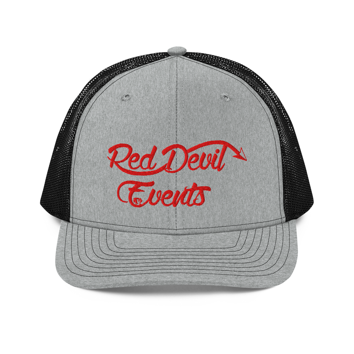Red Devil Events snapback trucker cap in Heather Grey/Black, front view