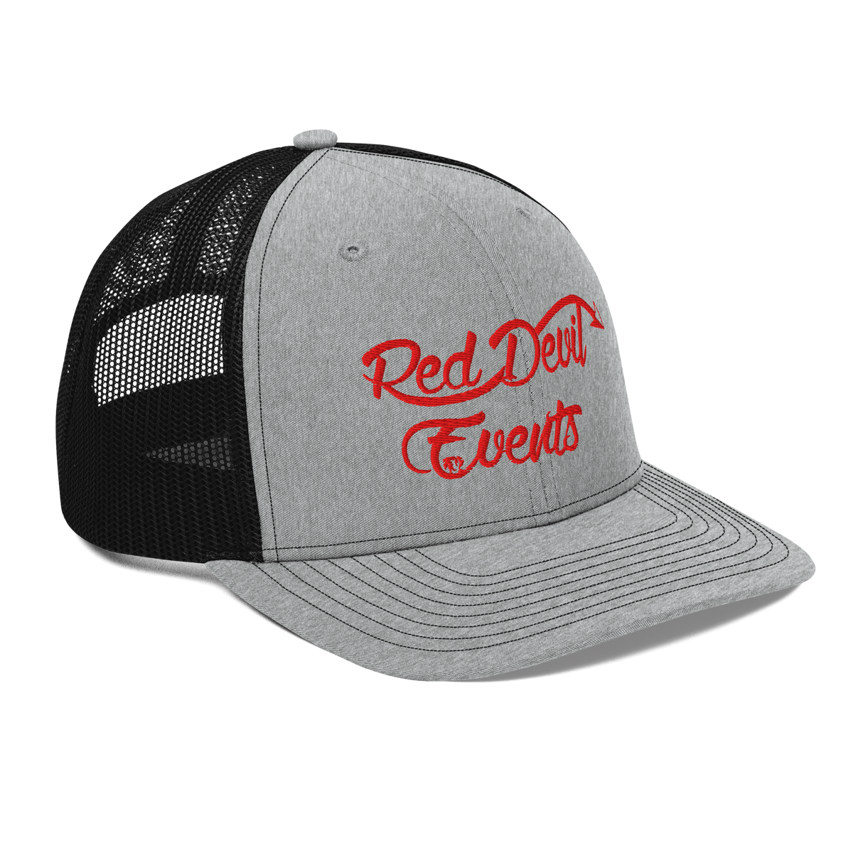 Red Devil Events snapback trucker cap in Heather Grey/Black, angled front view