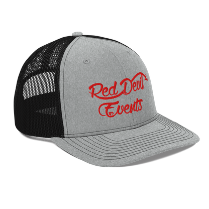 Red Devil Events snapback trucker cap in Heather Grey/Black, angled front view
