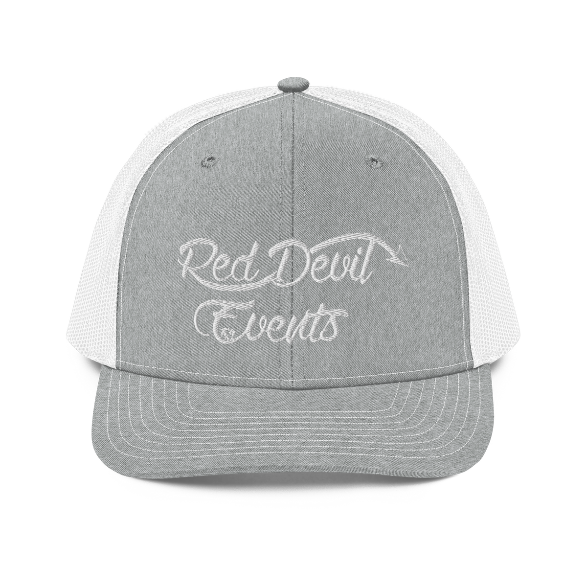 Red Devil Events snapback trucker cap in Heather Grey/White, front view