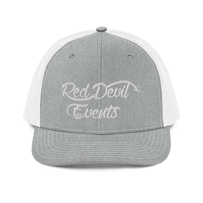 Red Devil Events snapback trucker cap in Heather Grey/White, front view