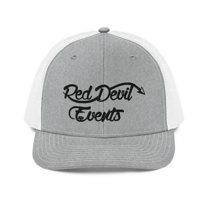 Red Devil Events snapback trucker cap in Heather Grey/White, front view
