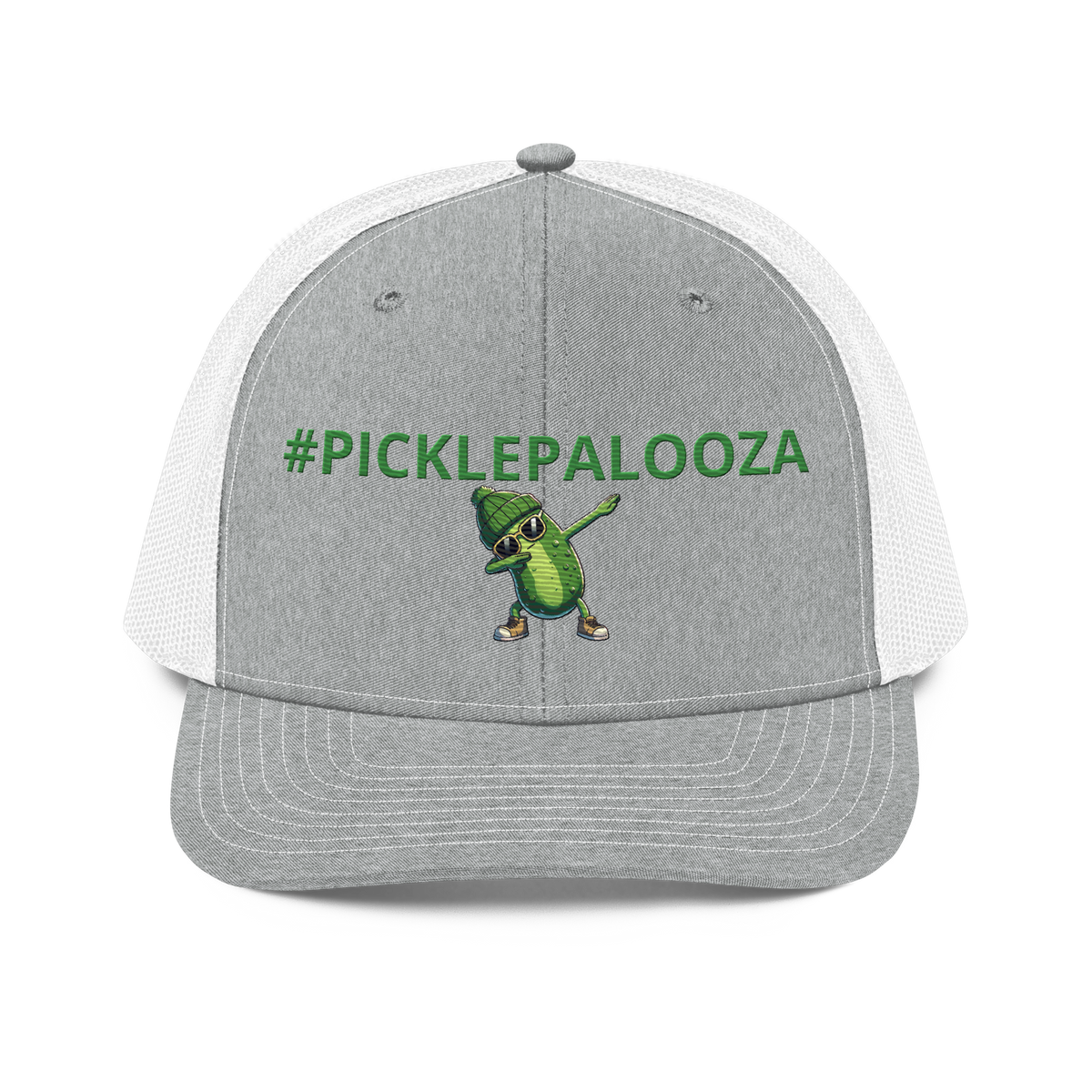 Dabbing Pickle snapback trucker cap in Heather Grey/White, front view