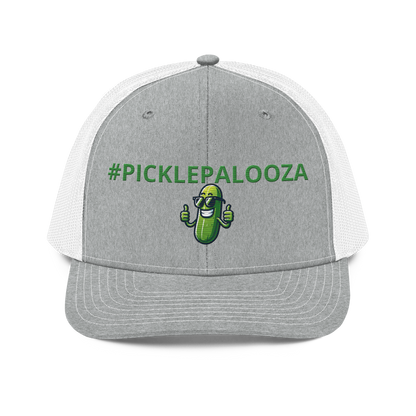 Pickle Palooza snapback trucker cap in Heather Grey/White, front view