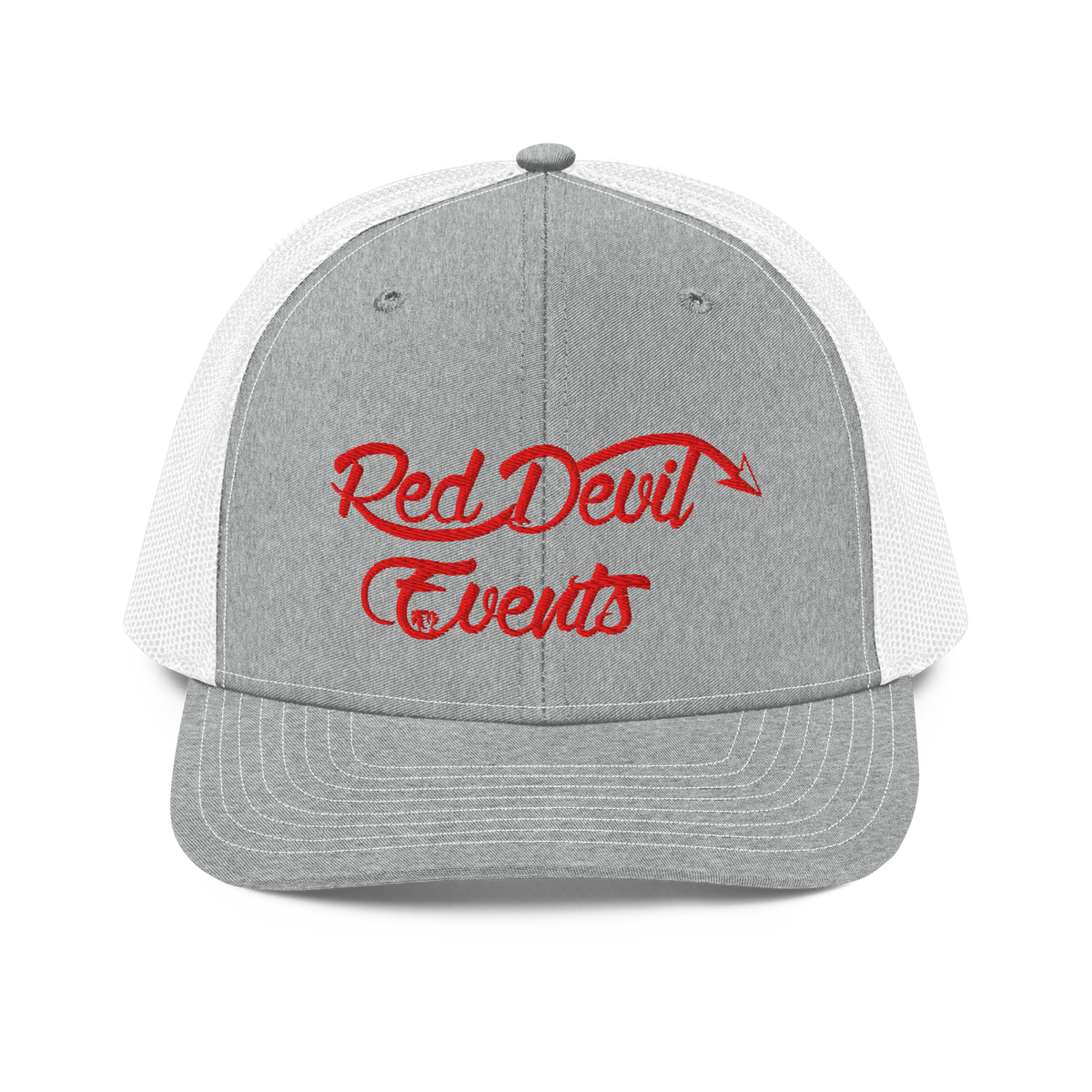 Red Devil Events snapback trucker cap in Heather Grey/White, front view