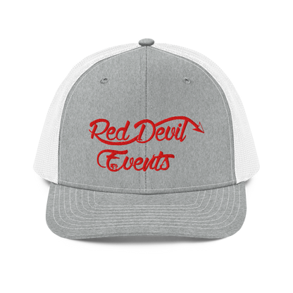 Red Devil Events snapback trucker cap in Heather Grey/White, front view