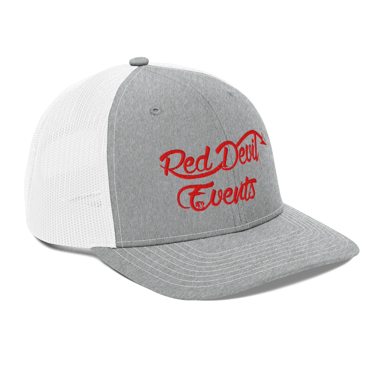 Red Devil Events snapback trucker cap in Heather Grey/White, angled front view