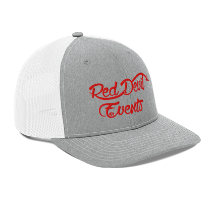 Red Devil Events snapback trucker cap in Heather Grey/White, angled front view