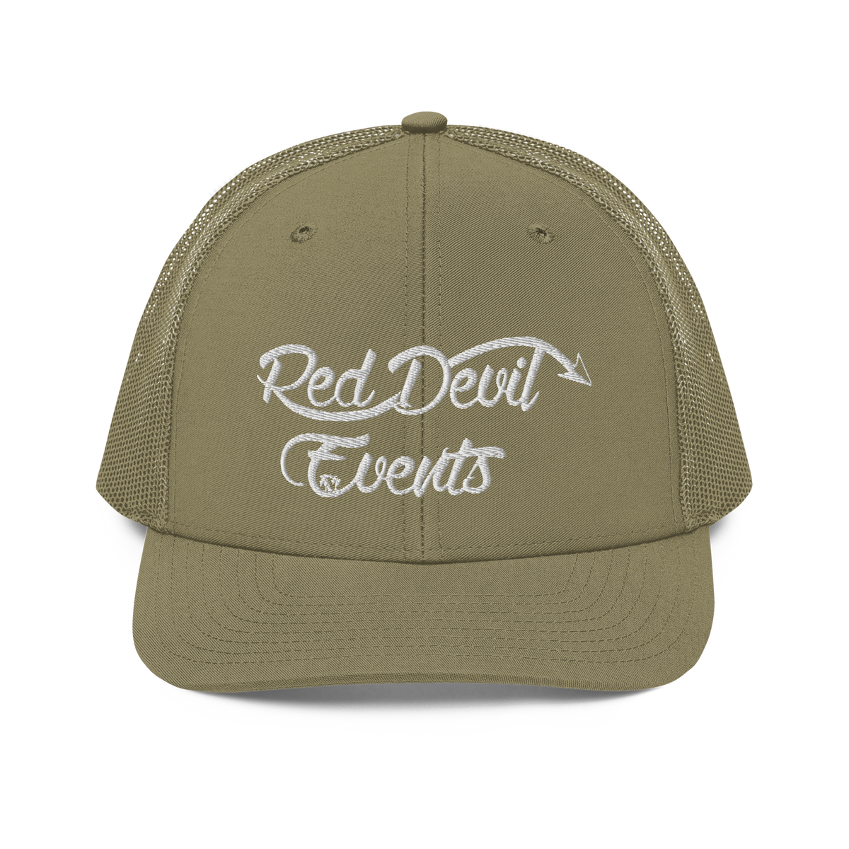 Red Devil Events snapback trucker cap in Loden, front view