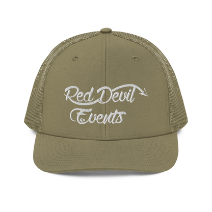 Red Devil Events snapback trucker cap in Loden, front view