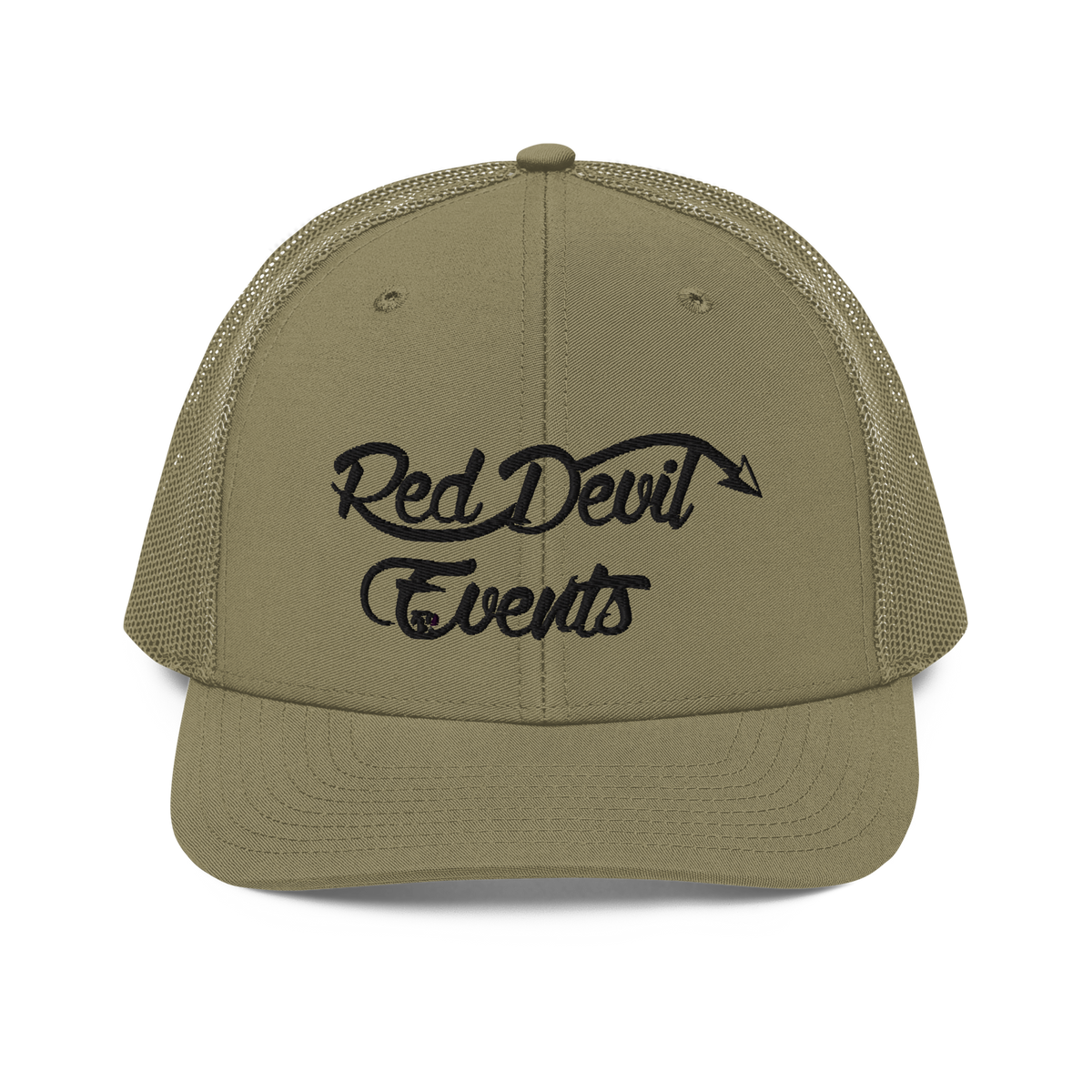 Red Devil Events snapback trucker cap in Loden, front view