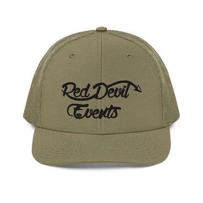 Red Devil Events snapback trucker cap in Loden, front view