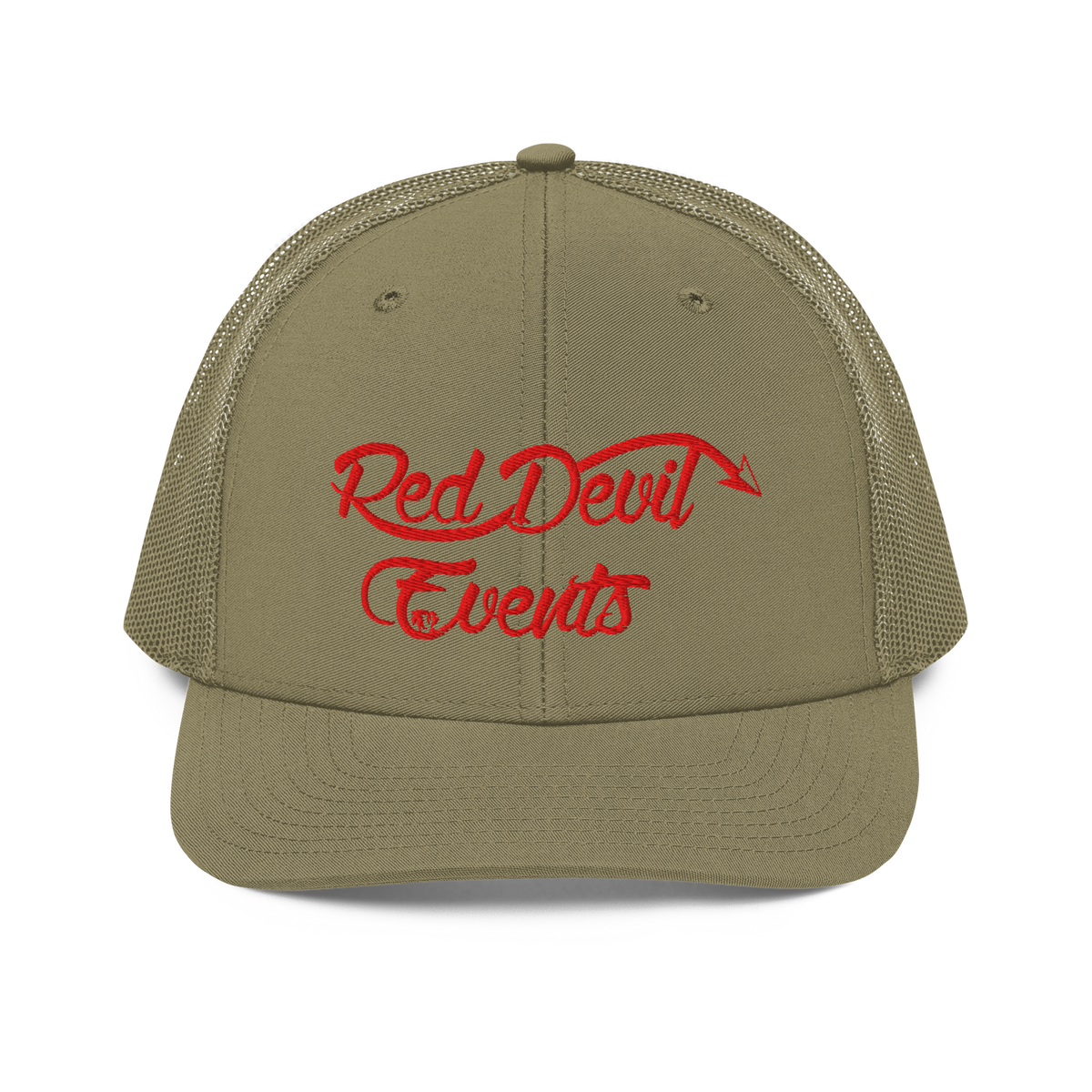 Red Devil Events snapback trucker cap in Loden, front view