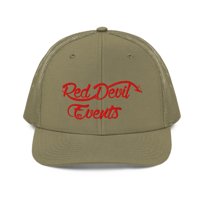 Red Devil Events snapback trucker cap in Loden, front view