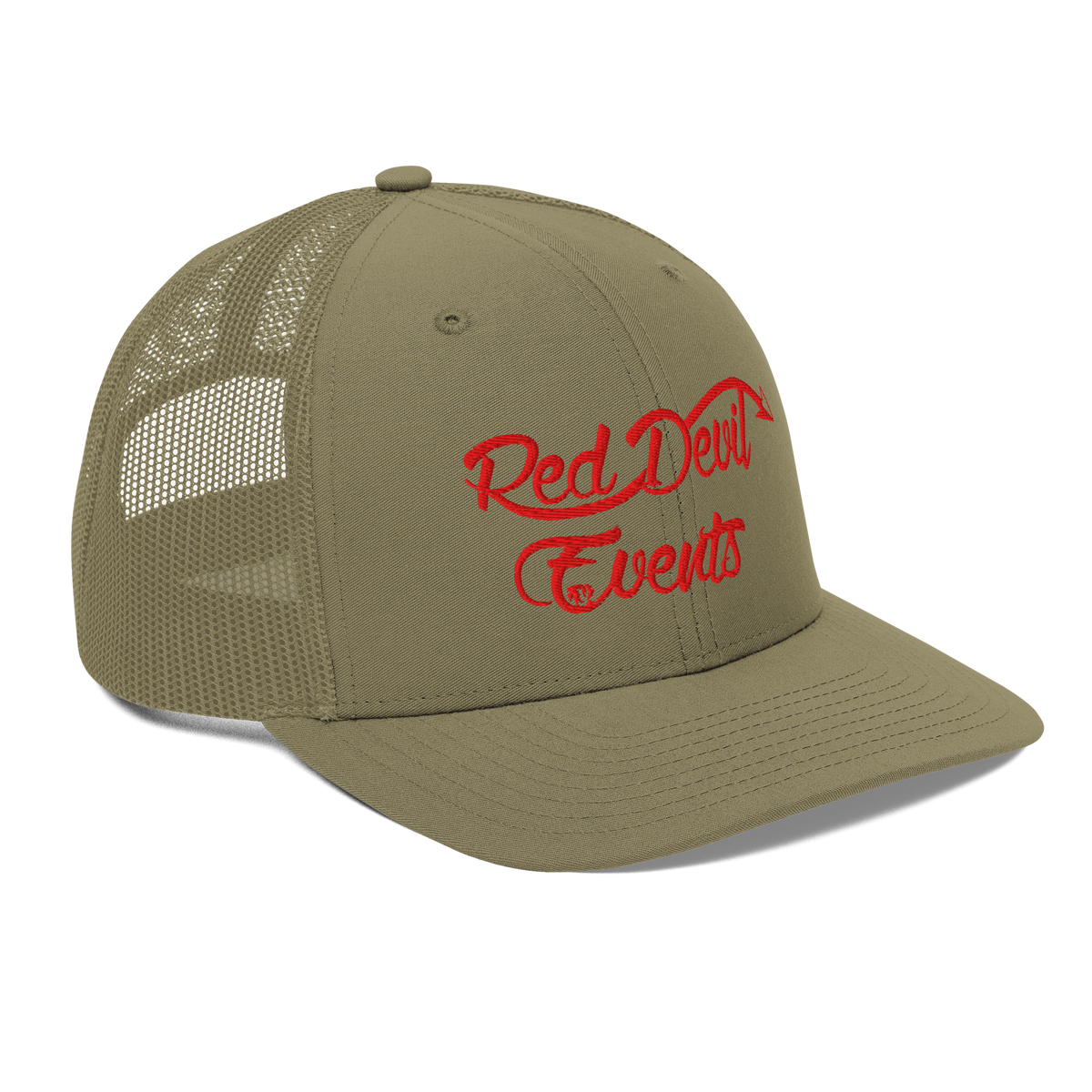 Red Devil Events snapback trucker cap in Loden, angled front view