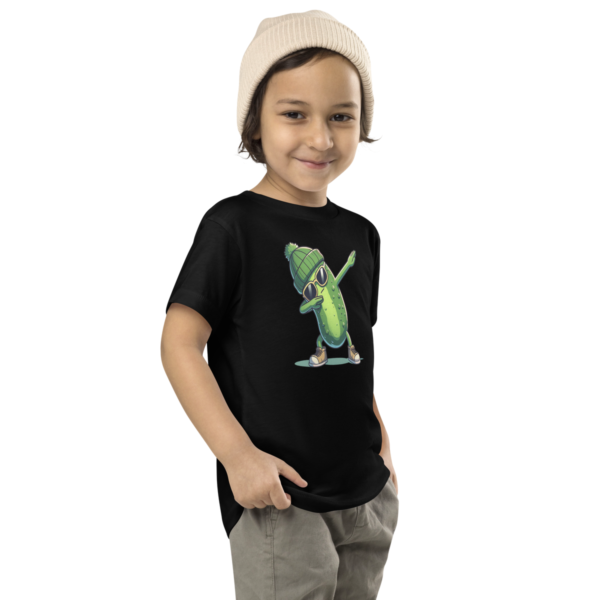 Dabbing Pickle toddler t-shirt in Black, angled front view