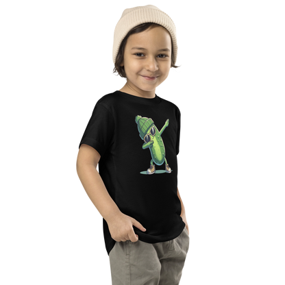 Dabbing Pickle toddler t-shirt in Black, angled front view