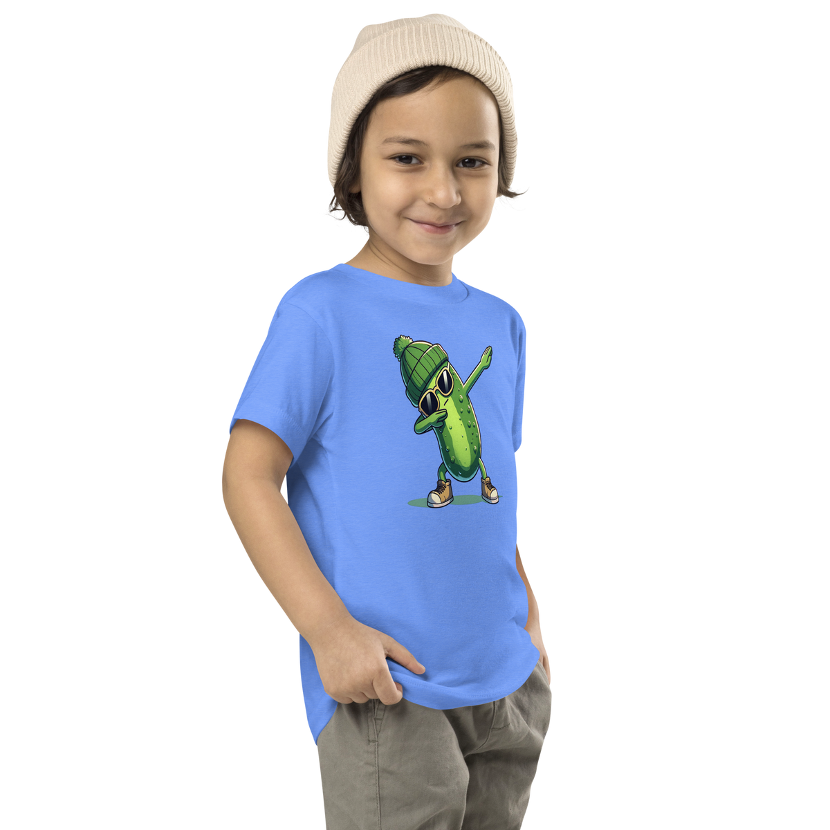 Dabbing Pickle toddler t-shirt in Heather Columbia Blue, angled front view