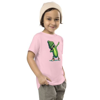 Dabbing Pickle toddler t-shirt in Pink, angled front view